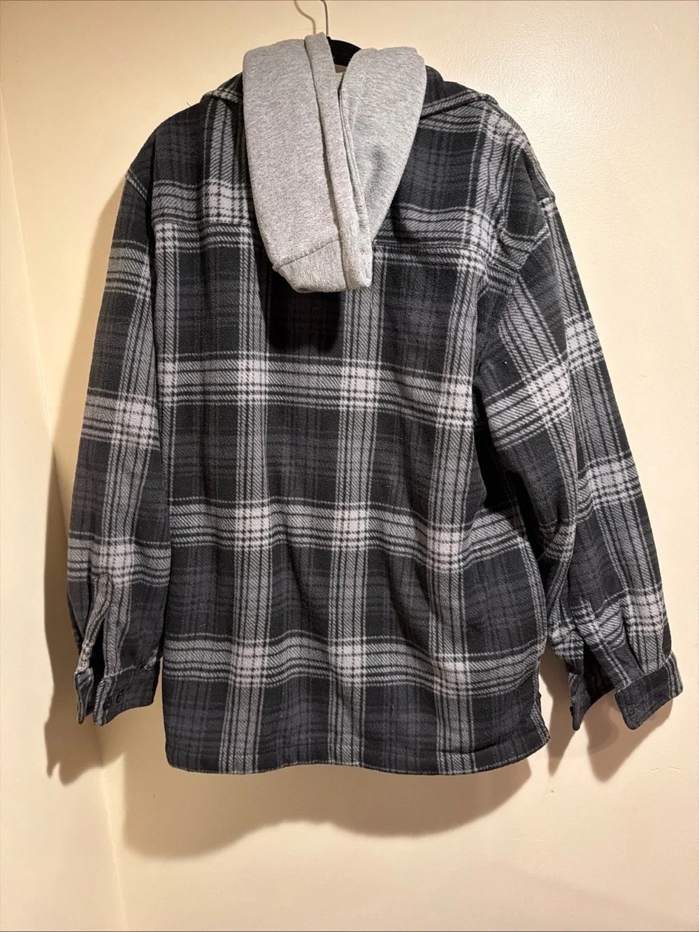 Men's Black & Gray Plaid Layered Shirt Jacket with Gray Zip Hoodie Liner